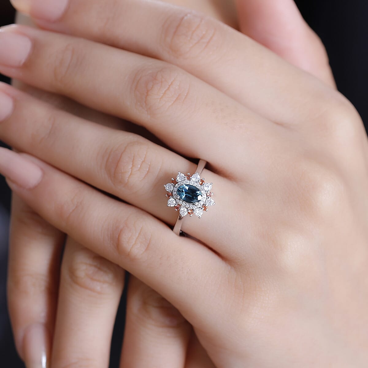 D'Joy AAA Monte Belo Indicolite and Multi Gemstone 1.10 ctw Sunburst Ring in Rhodium Over Sterling Silver (Size 8.0) image number 2