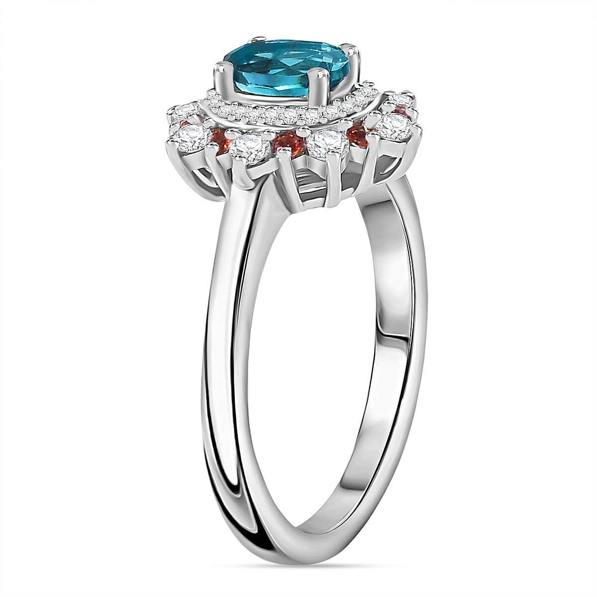 AAA Monte Belo Indicolite and Multi Gemstone 1.10 ctw Sunburst Ring in Rhodium Over Sterling Silver (Size 9.0) image number 3