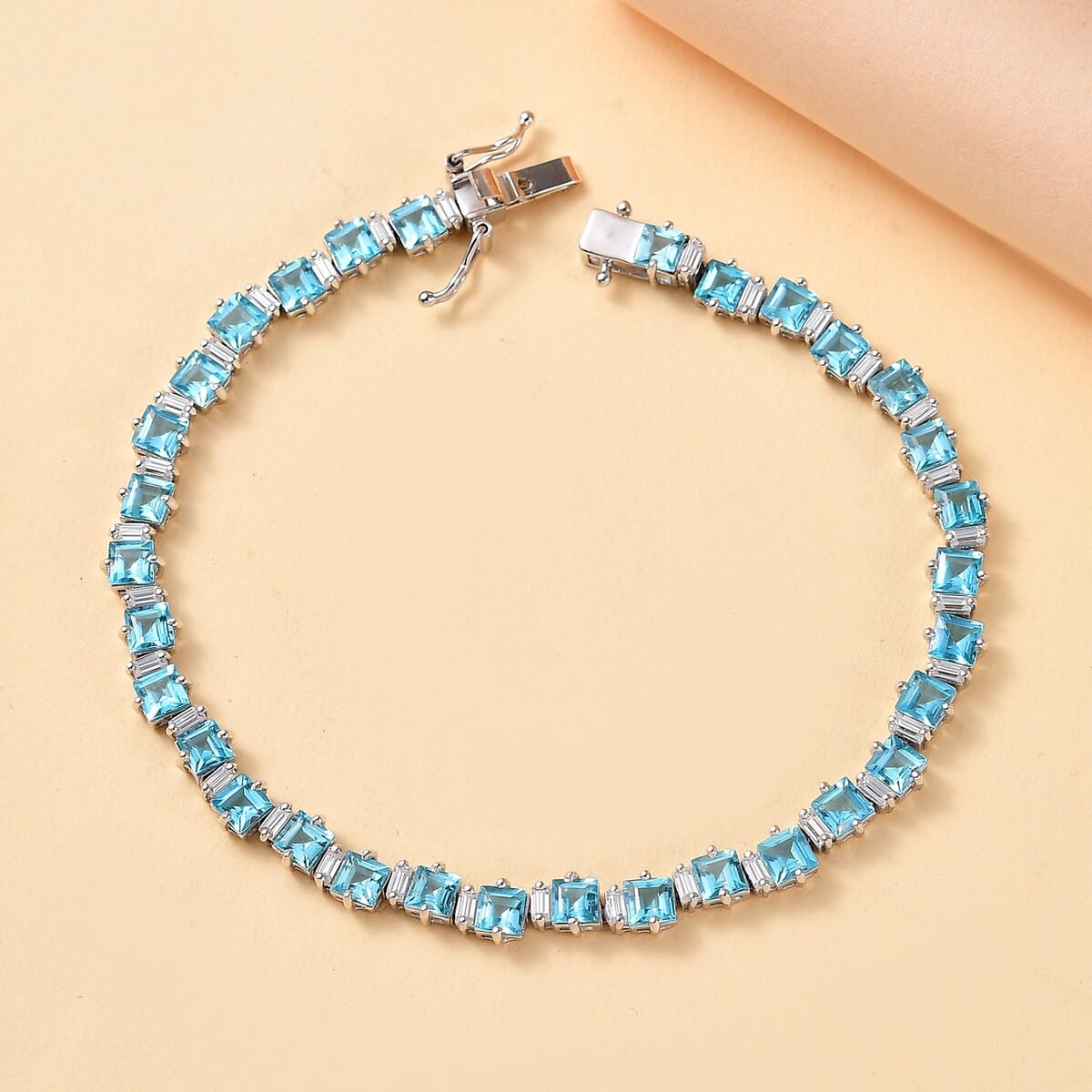 Premium Betroka Blue Apatite and Moissanite 11.25 ctw Sea Waves Bracelet in Rhodium Over Sterling Silver (6.50 In) image number 1