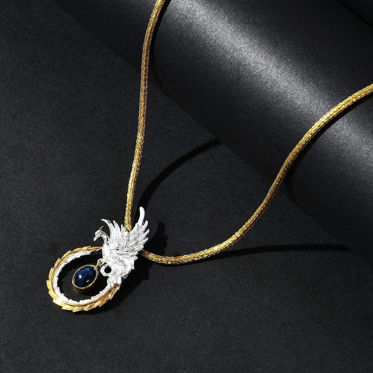 Bali Legacy Blue Star Sapphire (DF) 4.40 ctw Tulang Naga Chain Phoenix Necklace 20 Inches in 22K Vermeil Yellow Gold Over and Sterling Silver image number 1