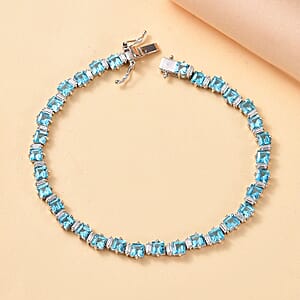 D'Joy Premium Betroka Blue Apatite and Moissanite 13.85 ctw Sea Waves Bracelet in Rhodium Over Sterling Silver (8.00 In)