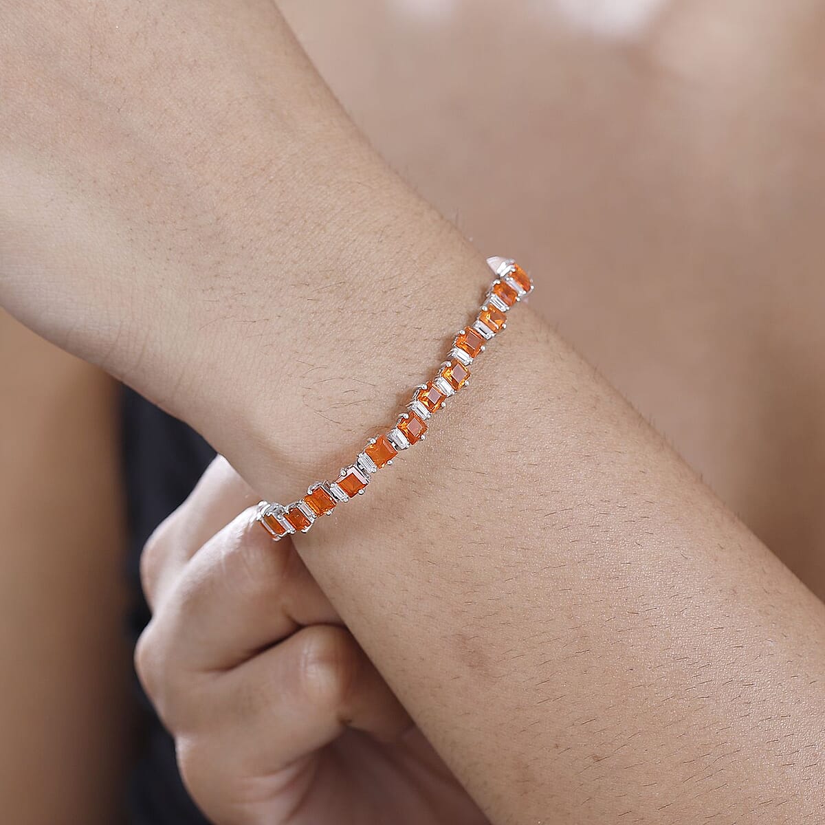 Salamanca Fire Opal and Moissanite 8.00 ctw Sea Waves Bracelet in Rhodium Over Sterling Silver (6.50 In) image number 2