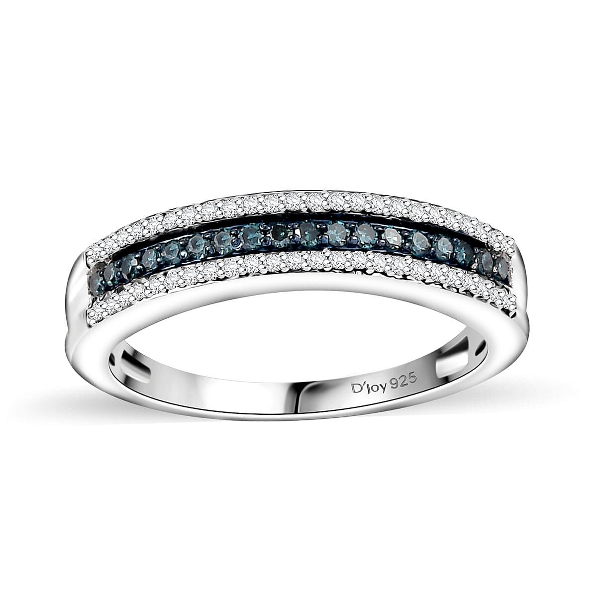 Blue and White Diamond 0.25 ctw 3-Row Band Ring in Rhodium Over Sterling Silver (Size 10.0) image number 0