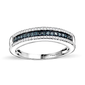Blue and White Diamond 0.25 ctw 3-Row Band Ring in Rhodium Over Sterling Silver (Size 10.0)