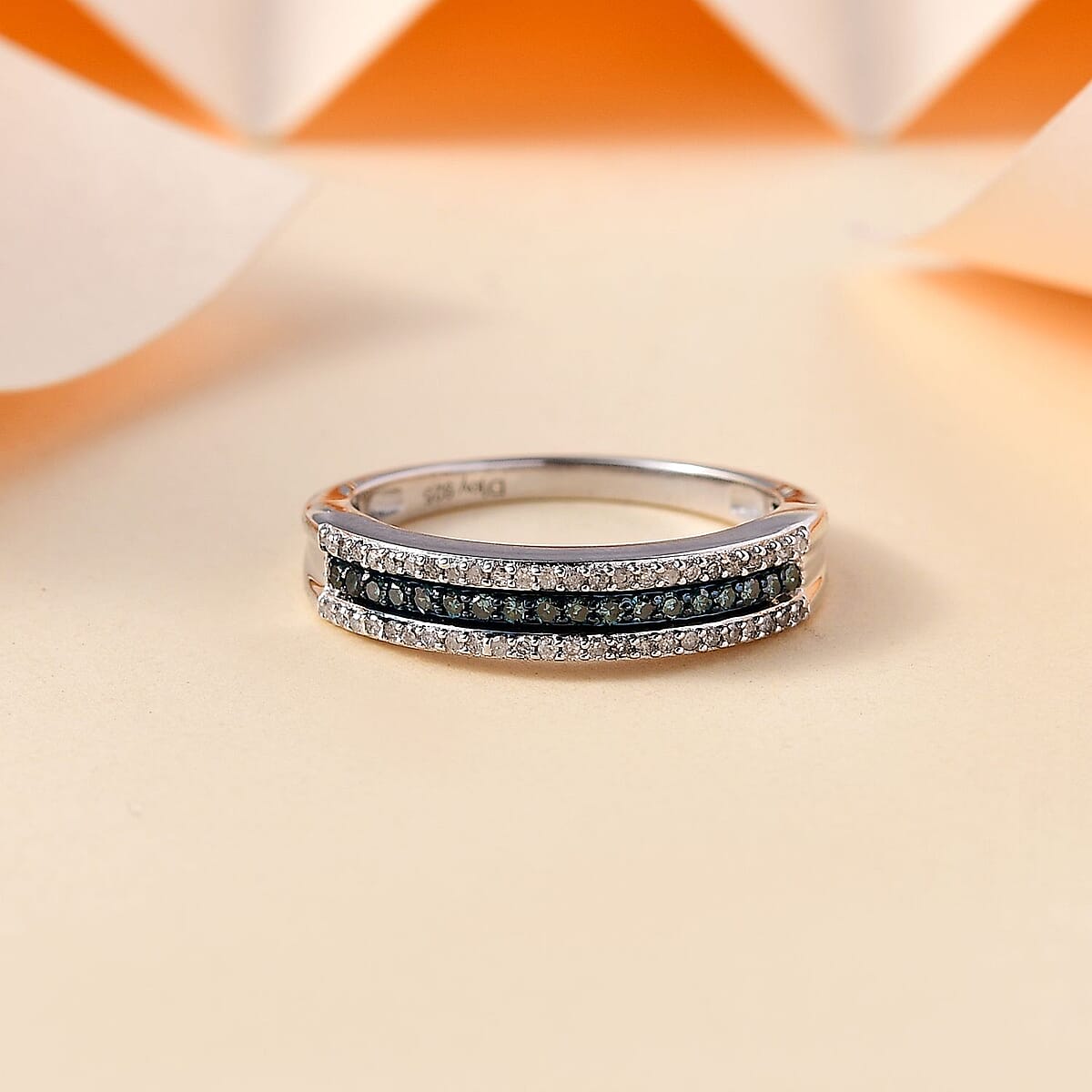 Blue and White Diamond 0.25 ctw 3-Row Band Ring in Rhodium Over Sterling Silver (Size 10.0) image number 1
