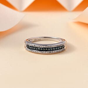 Blue and White Diamond 0.25 ctw 3-Row Band Ring in Rhodium Over Sterling Silver (Size 10.0)