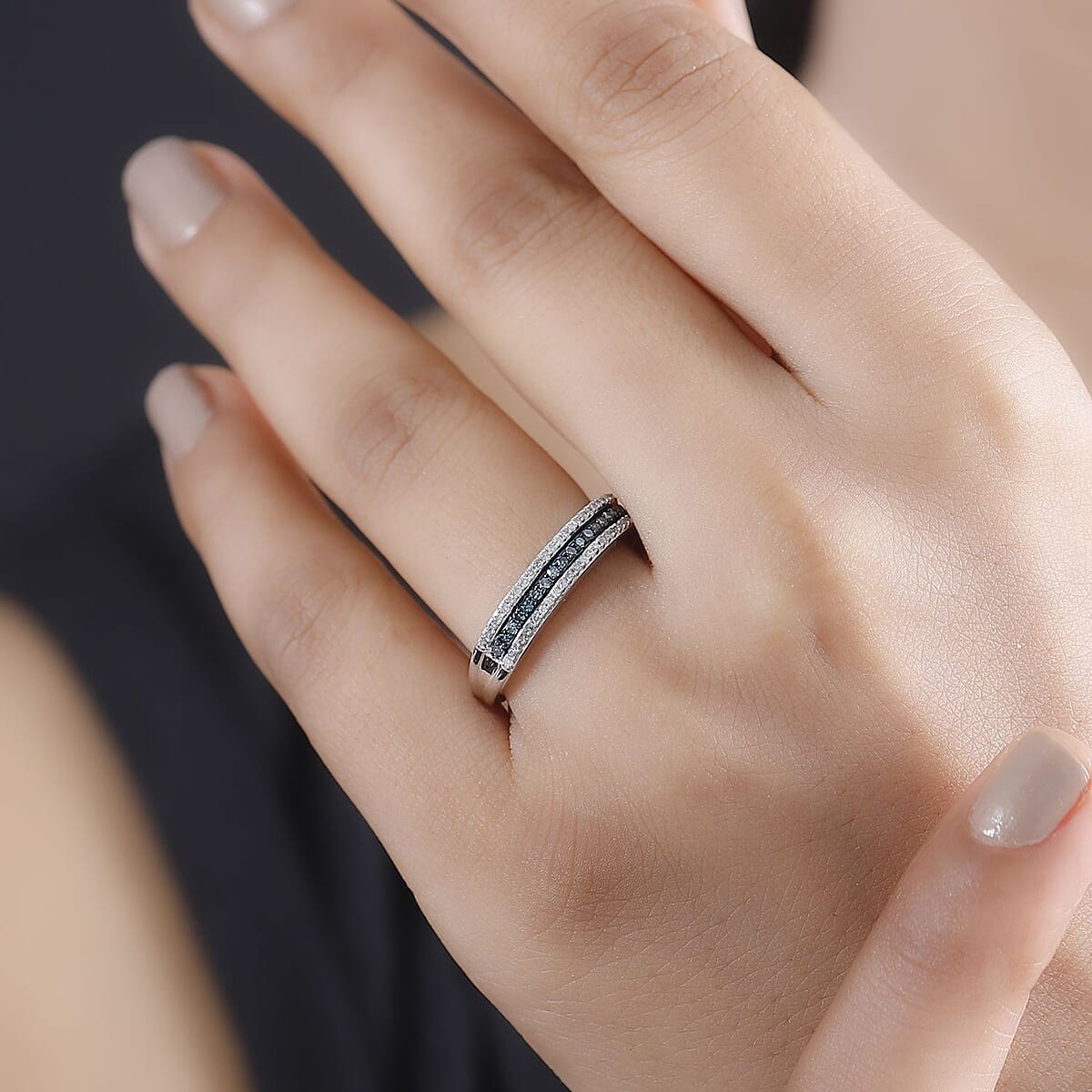 Blue and White Diamond 0.25 ctw 3-Row Band Ring in Rhodium Over Sterling Silver (Size 10.0) image number 2