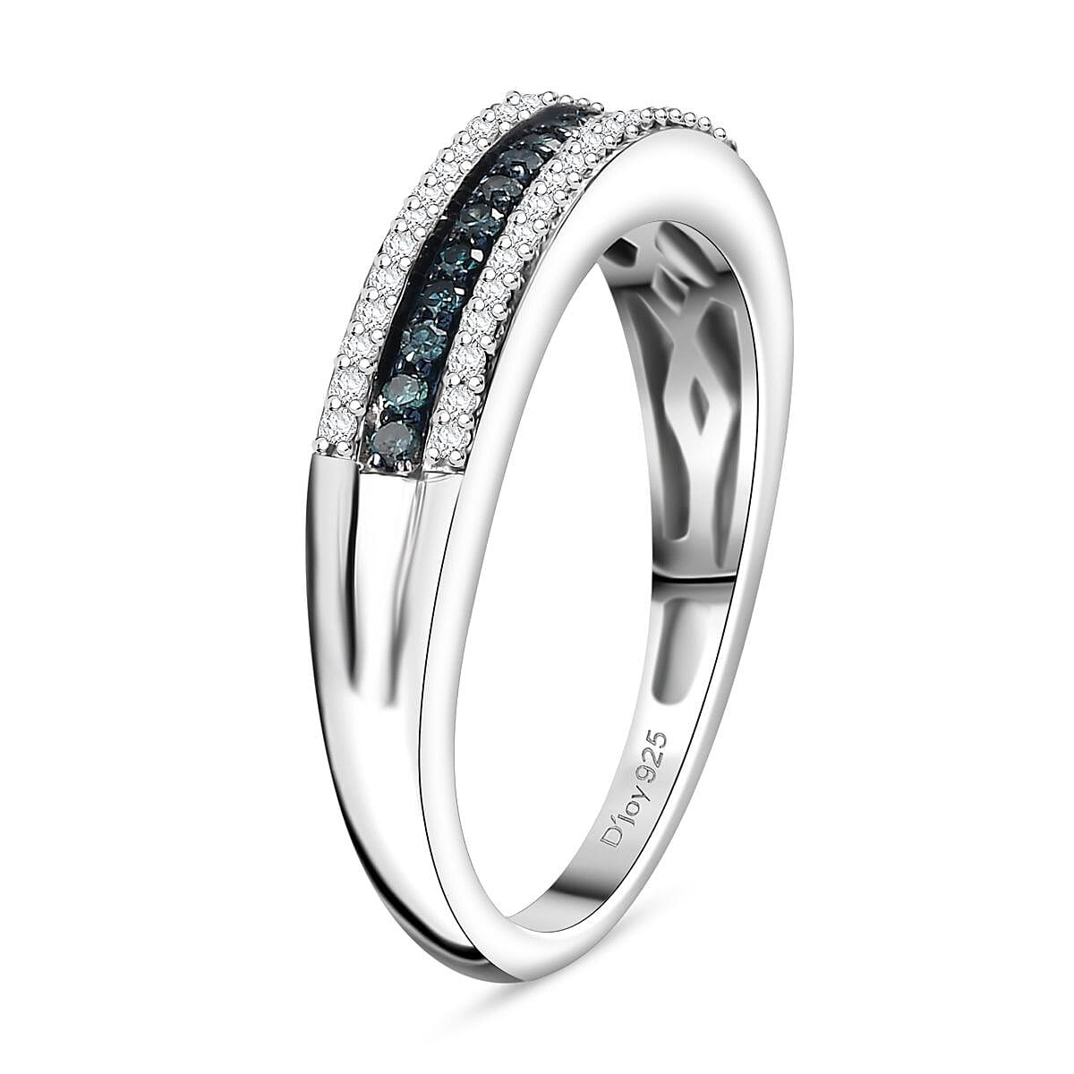 Blue and White Diamond 0.25 ctw 3-Row Band Ring in Rhodium Over Sterling Silver (Size 10.0) image number 3