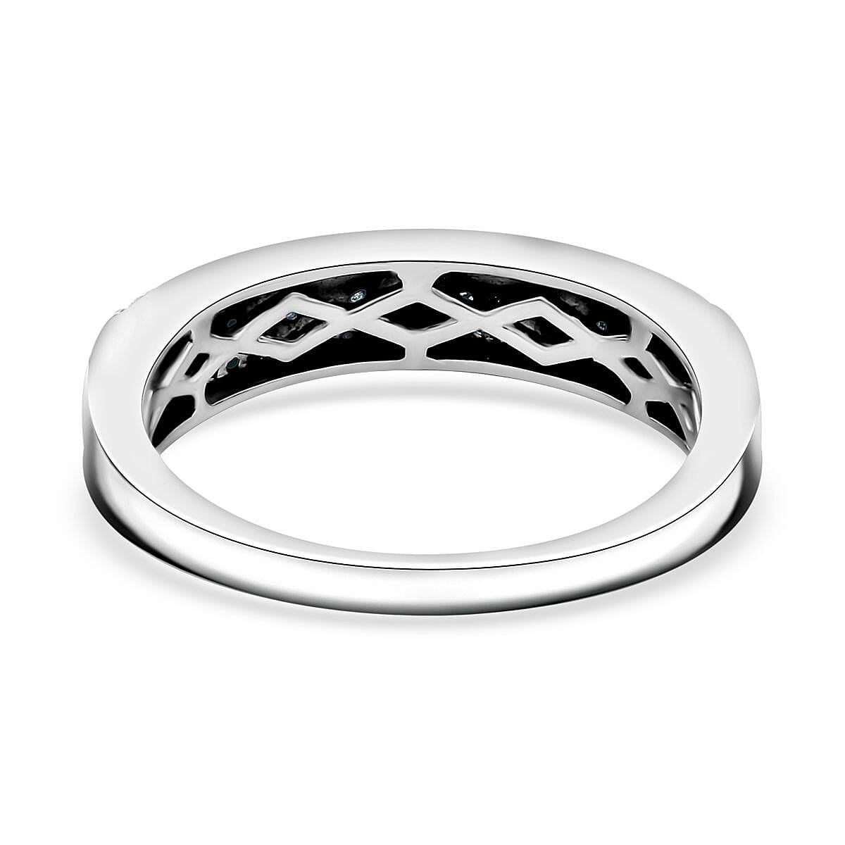 Blue and White Diamond 0.25 ctw 3-Row Band Ring in Rhodium Over Sterling Silver (Size 10.0) image number 4