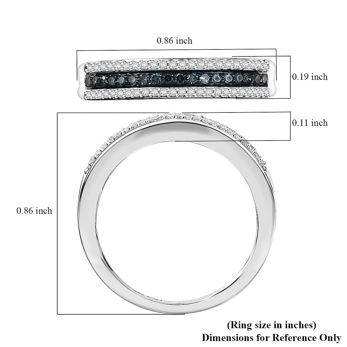 Blue and White Diamond 0.25 ctw 3-Row Band Ring in Rhodium Over Sterling Silver (Size 10.0) image number 5