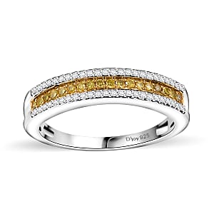 Yellow and White Diamond 0.25 ctw 3-Row Band Ring in Rhodium Over Sterling Silver (Size 5.0)