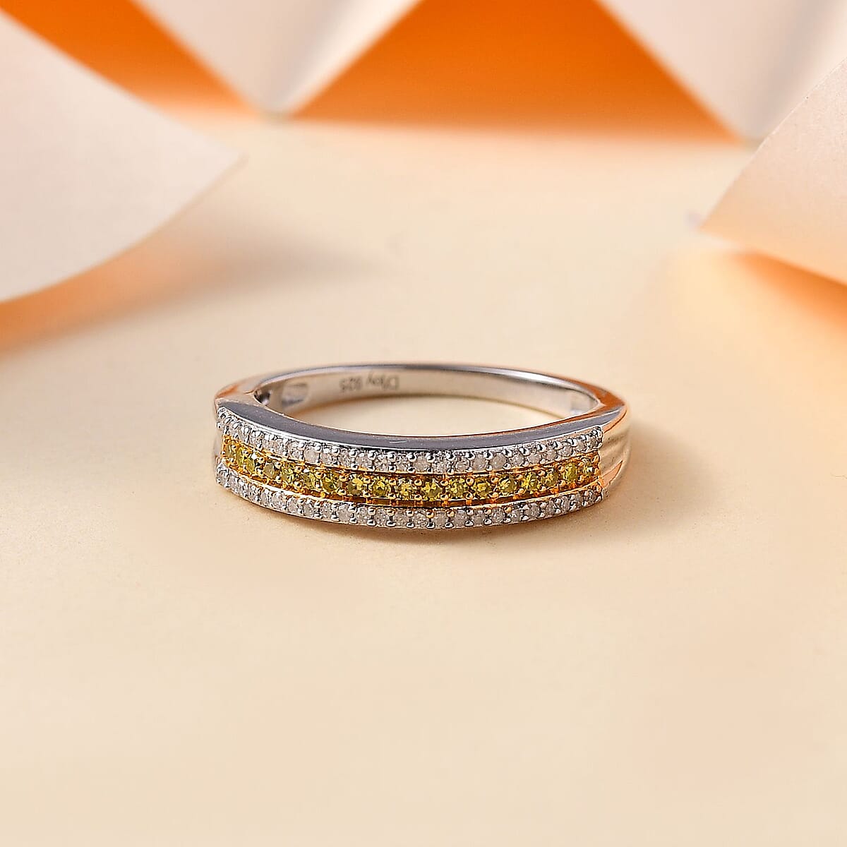 Yellow and White Diamond 0.25 ctw 3-Row Band Ring in Rhodium Over Sterling Silver (Size 5.0) image number 1