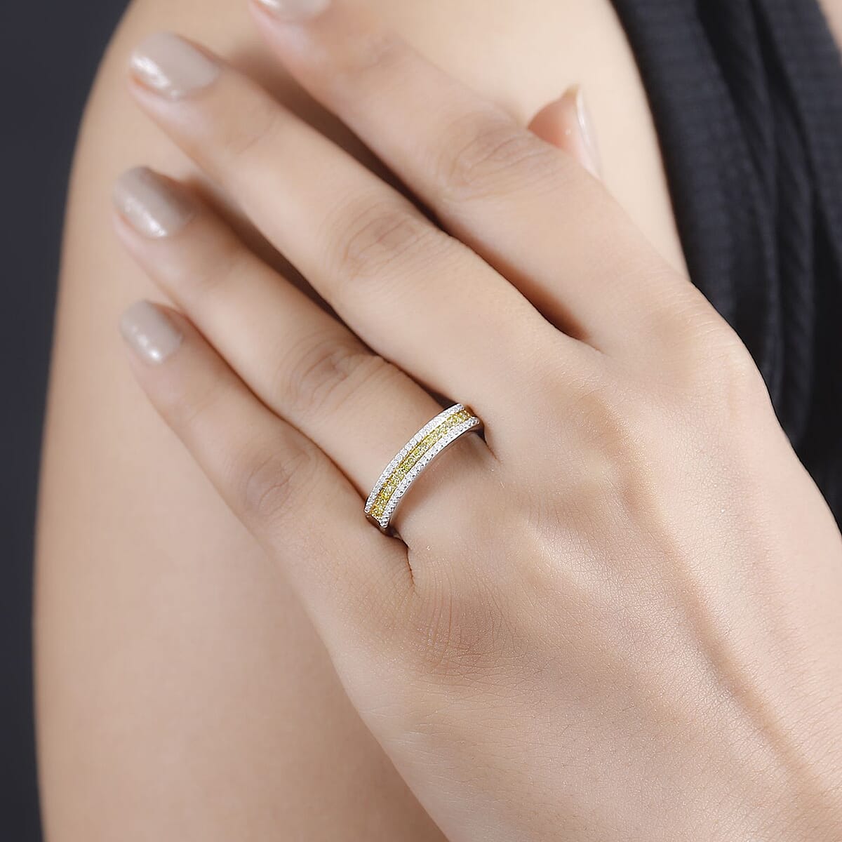 Yellow and White Diamond 0.25 ctw 3-Row Band Ring in Rhodium Over Sterling Silver (Size 5.0) image number 2