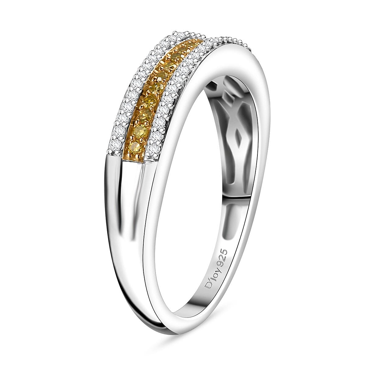 Yellow and White Diamond 0.25 ctw 3-Row Band Ring in Rhodium Over Sterling Silver (Size 5.0) image number 3