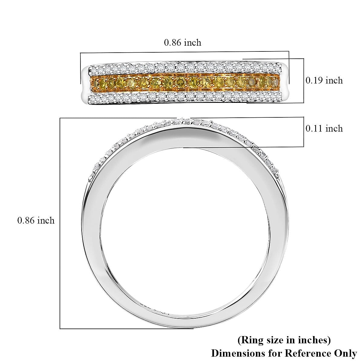Yellow and White Diamond 0.25 ctw 3-Row Band Ring in Rhodium Over Sterling Silver (Size 5.0) image number 5