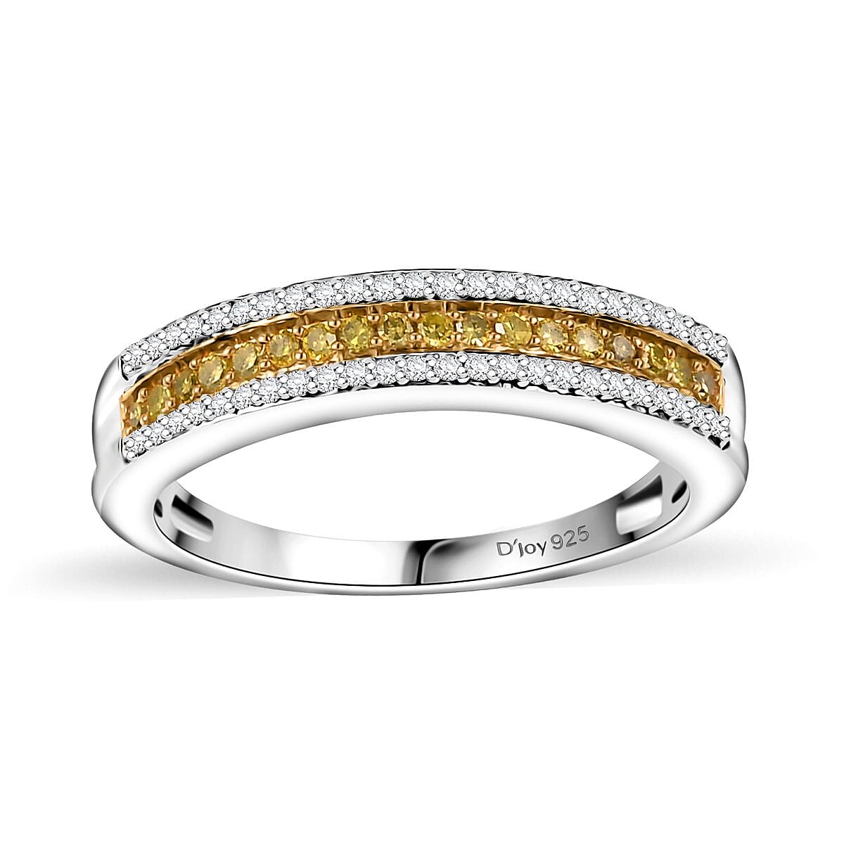 Yellow and White Diamond 0.25 ctw 3-Row Band Ring in Rhodium Over Sterling Silver (Size 6.0) image number 0