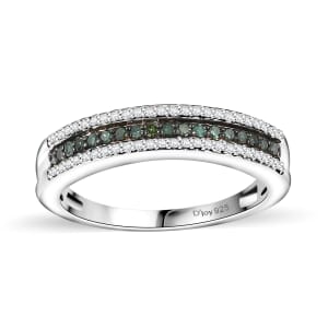 Green and White Diamond 0.25 ctw 3-Row Band Ring in Rhodium Over Sterling Silver (Size 10.0)