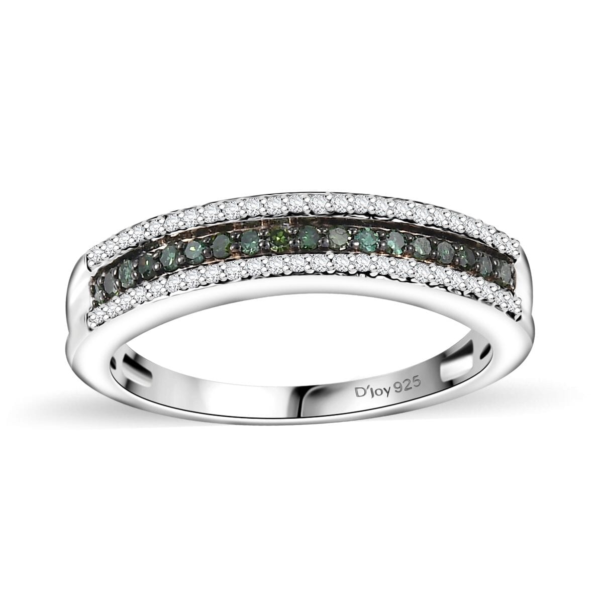 Green and White Diamond 0.25 ctw 3-Row Band Ring in Rhodium Over Sterling Silver (Size 5.0) image number 0
