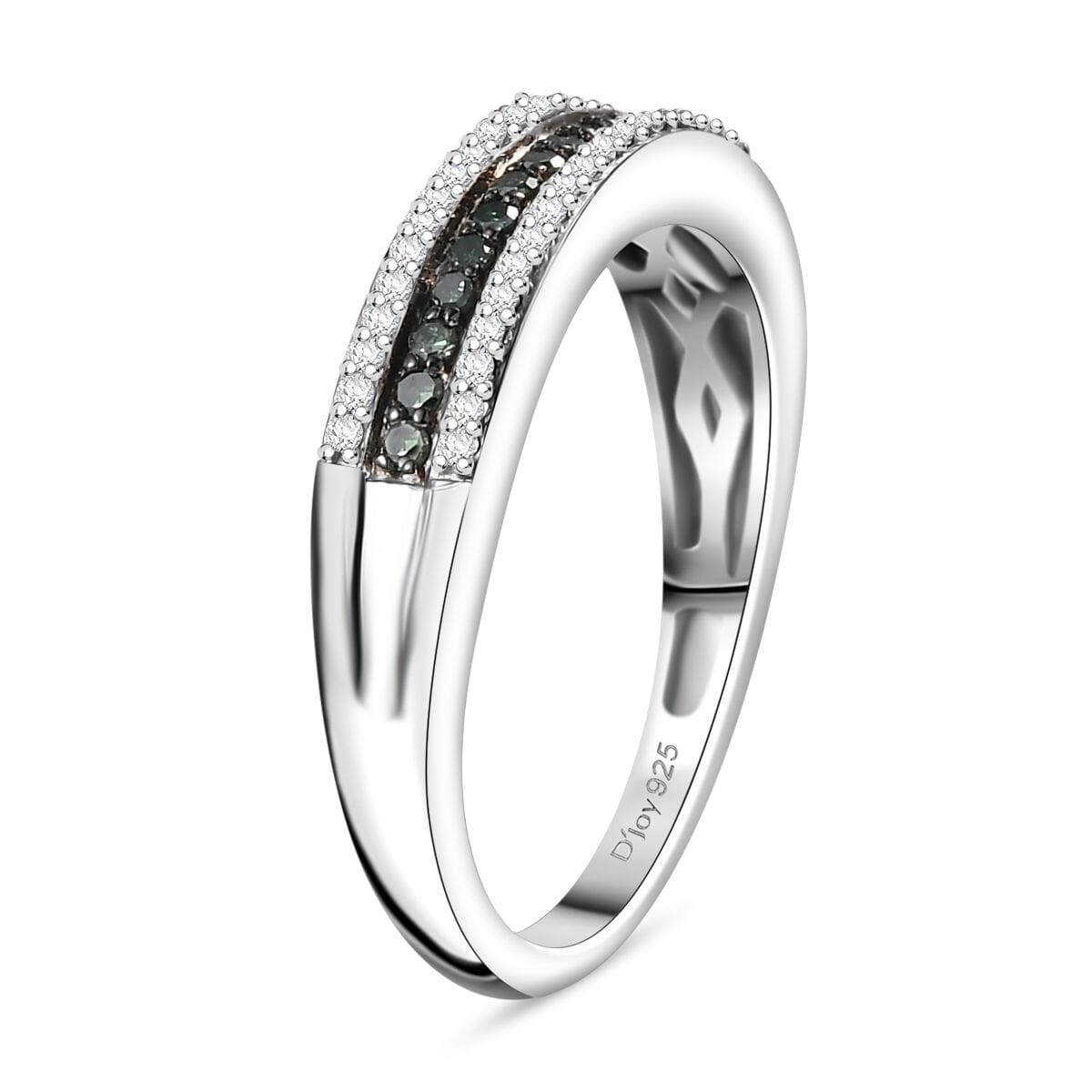 Green and White Diamond 0.25 ctw 3-Row Band Ring in Rhodium Over Sterling Silver (Size 5.0) image number 3