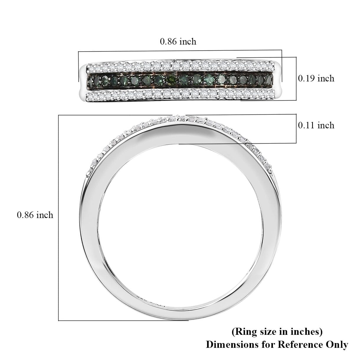 Green and White Diamond 0.25 ctw 3-Row Band Ring in Rhodium Over Sterling Silver (Size 5.0) image number 5