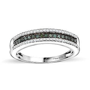 Green and White Diamond 0.25 ctw 3-Row Band Ring in Rhodium Over Sterling Silver (Size 7.0)