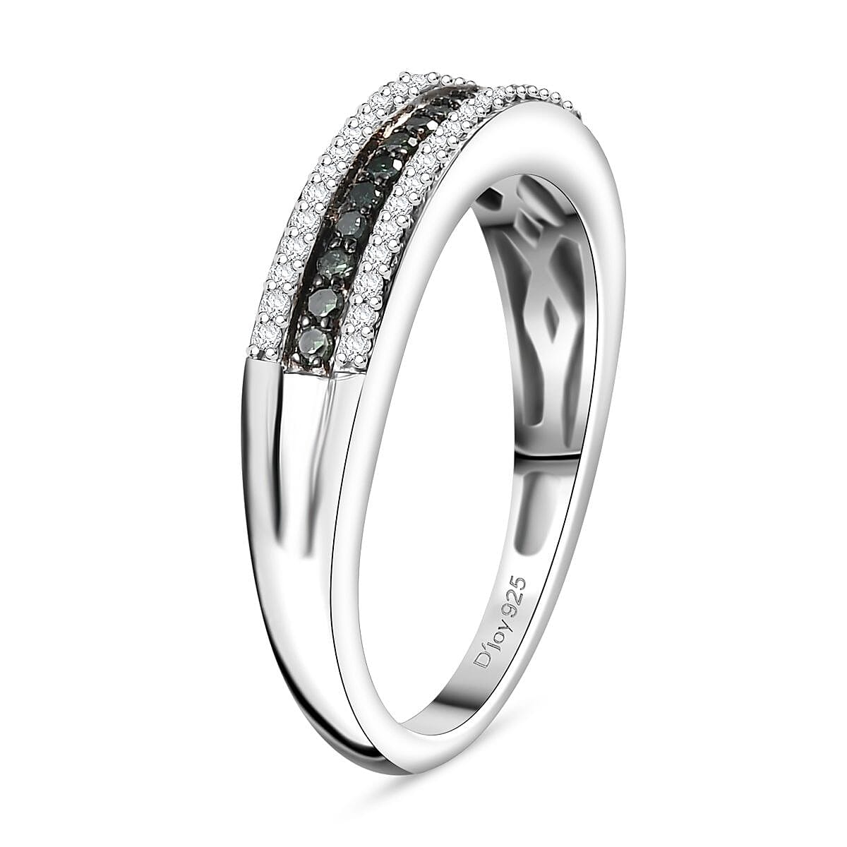 Green and White Diamond 0.25 ctw 3-Row Band Ring in Rhodium Over Sterling Silver (Size 7.0) image number 3