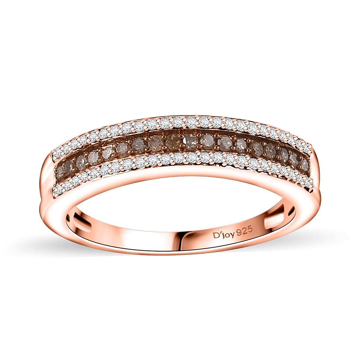 Natural Champagne and White Diamond 0.25 ctw 3-Row Band Ring in 18K Vermeil Rose Gold Over Sterling Silver (Size 9.0) image number 0