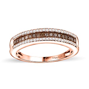 Natural Champagne and White Diamond 0.25 ctw 3-Row Band Ring in 18K Vermeil Rose Gold Over Sterling Silver (Size 9.0)