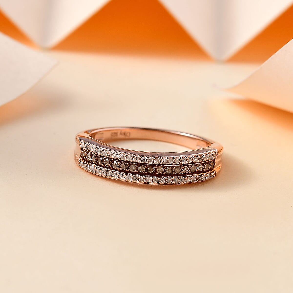 Natural Champagne and White Diamond 0.25 ctw 3-Row Band Ring in 18K Vermeil Rose Gold Over Sterling Silver (Size 9.0) image number 1