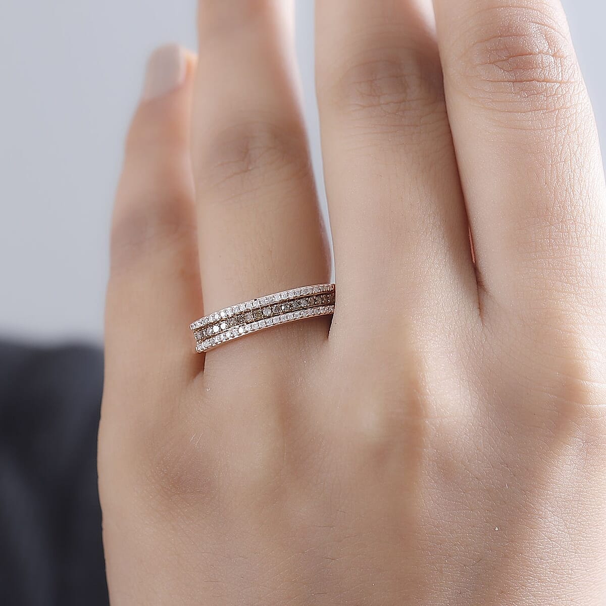 Natural Champagne and White Diamond 0.25 ctw 3-Row Band Ring in 18K Vermeil Rose Gold Over Sterling Silver (Size 9.0) image number 2