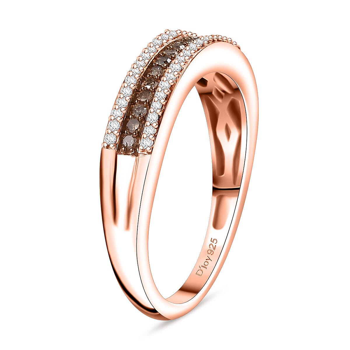 Natural Champagne and White Diamond 0.25 ctw 3-Row Band Ring in 18K Vermeil Rose Gold Over Sterling Silver (Size 9.0) image number 3