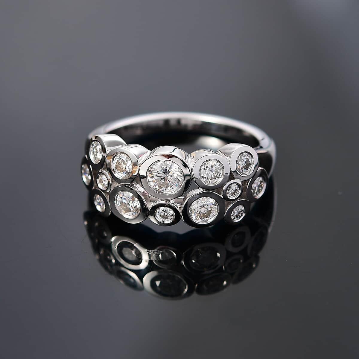 Moissanite 1.10 ctw Bubble Ring in Rhodium Over Sterling Silver (Size 5.0) image number 1