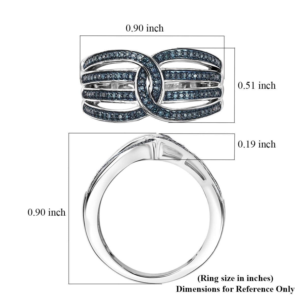 Blue Diamond 0.33 ctw Interlocking Ring in Rhodium Over Sterling Silver (Size 10.0) image number 5