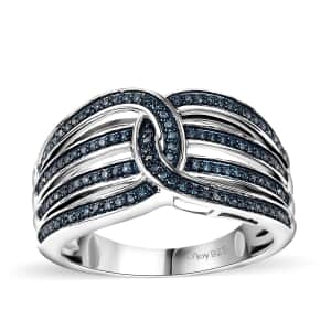 Blue Diamond 0.33 ctw Interlocking Ring in Rhodium Over Sterling Silver (Size 7.0)