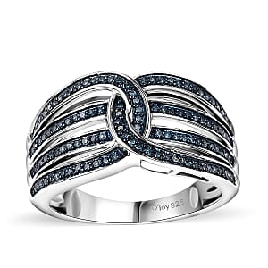 Blue Diamond 0.33 ctw Interlocking Ring in Rhodium Over Sterling Silver (Size 9.0)
