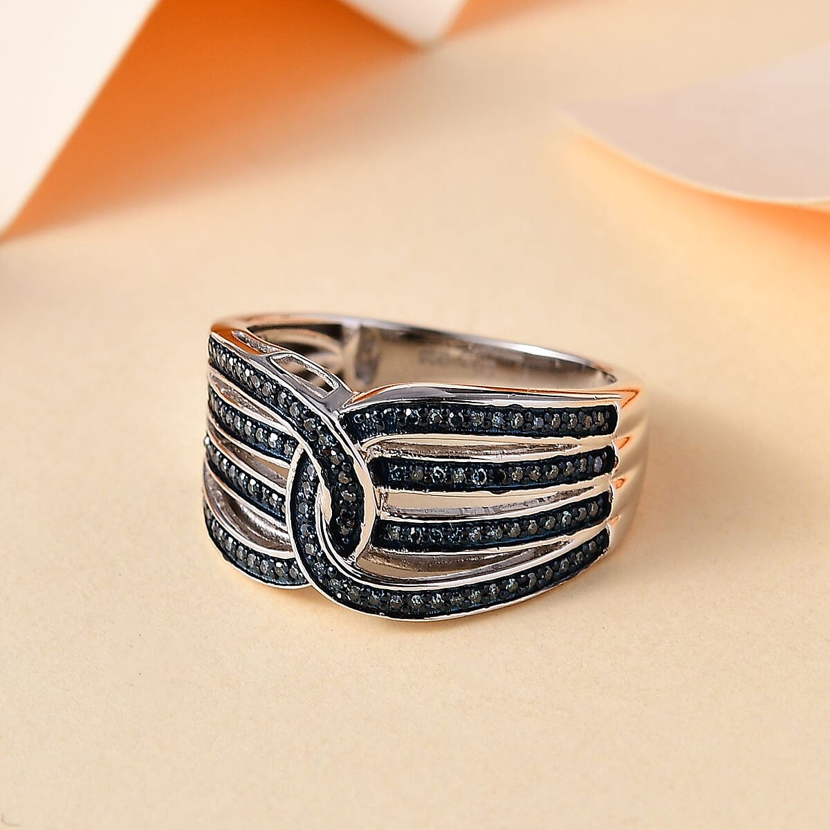 Blue Diamond 0.33 ctw Interlocking Ring in Rhodium Over Sterling Silver (Size 9.0) image number 1