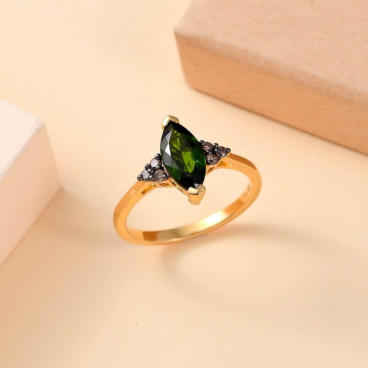 Chrome Diopside and Natural Champagne Diamond 1.90 ctw Ring in 18K Vermeil Yellow Gold Over Sterling Silver (Size 7.0) image number 1