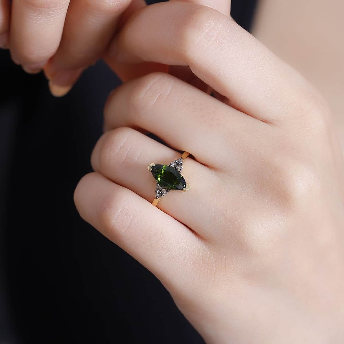 Chrome Diopside and Natural Champagne Diamond 1.90 ctw Ring in 18K Vermeil Yellow Gold Over Sterling Silver (Size 7.0) image number 2