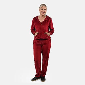 Hanton Brick Red Women's 2 Piece Velvet Sweatshirt with Pant - M