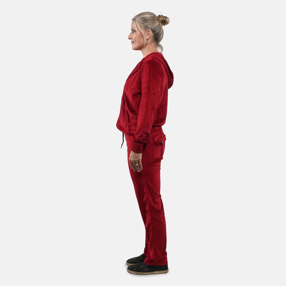 Hanton Brick Red Women's 2 Piece Velvet Sweatshirt with Pant - M image number 2