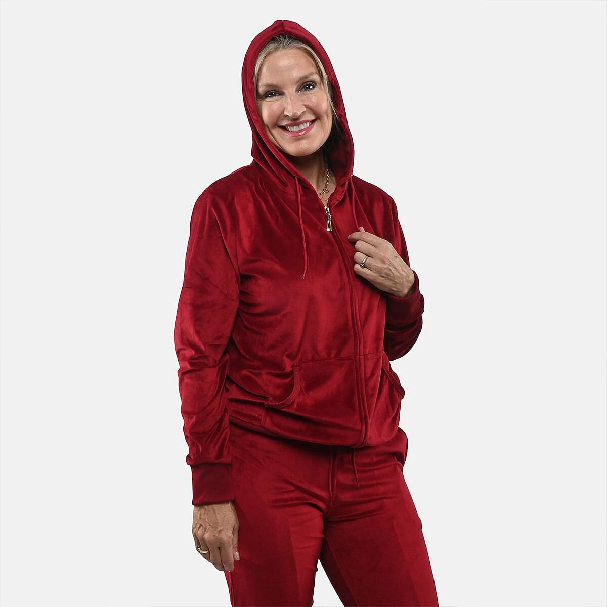 Hanton Brick Red Women's 2 Piece Velvet Sweatshirt with Pant - S image number 3