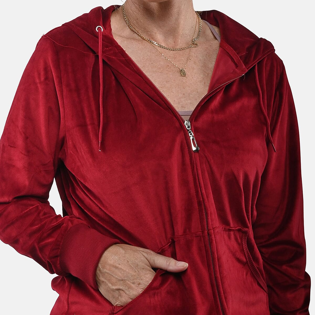 Hanton Brick Red Women's 2 Piece Velvet Sweatshirt with Pant - S image number 4