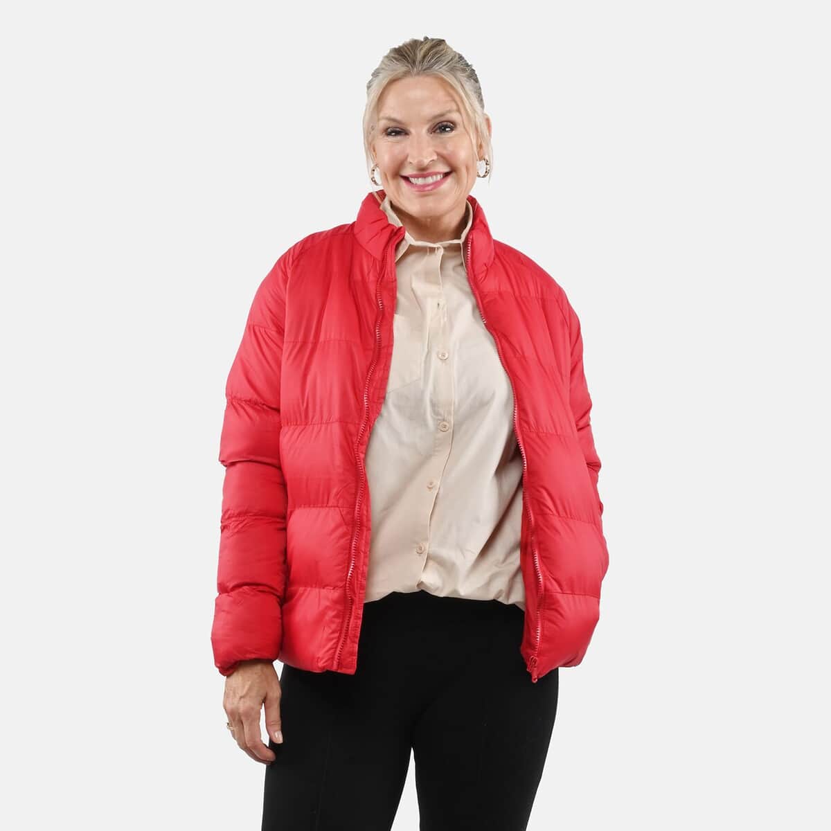 Hanton Red Women's Front Zip Puffer Jacket - L image number 3