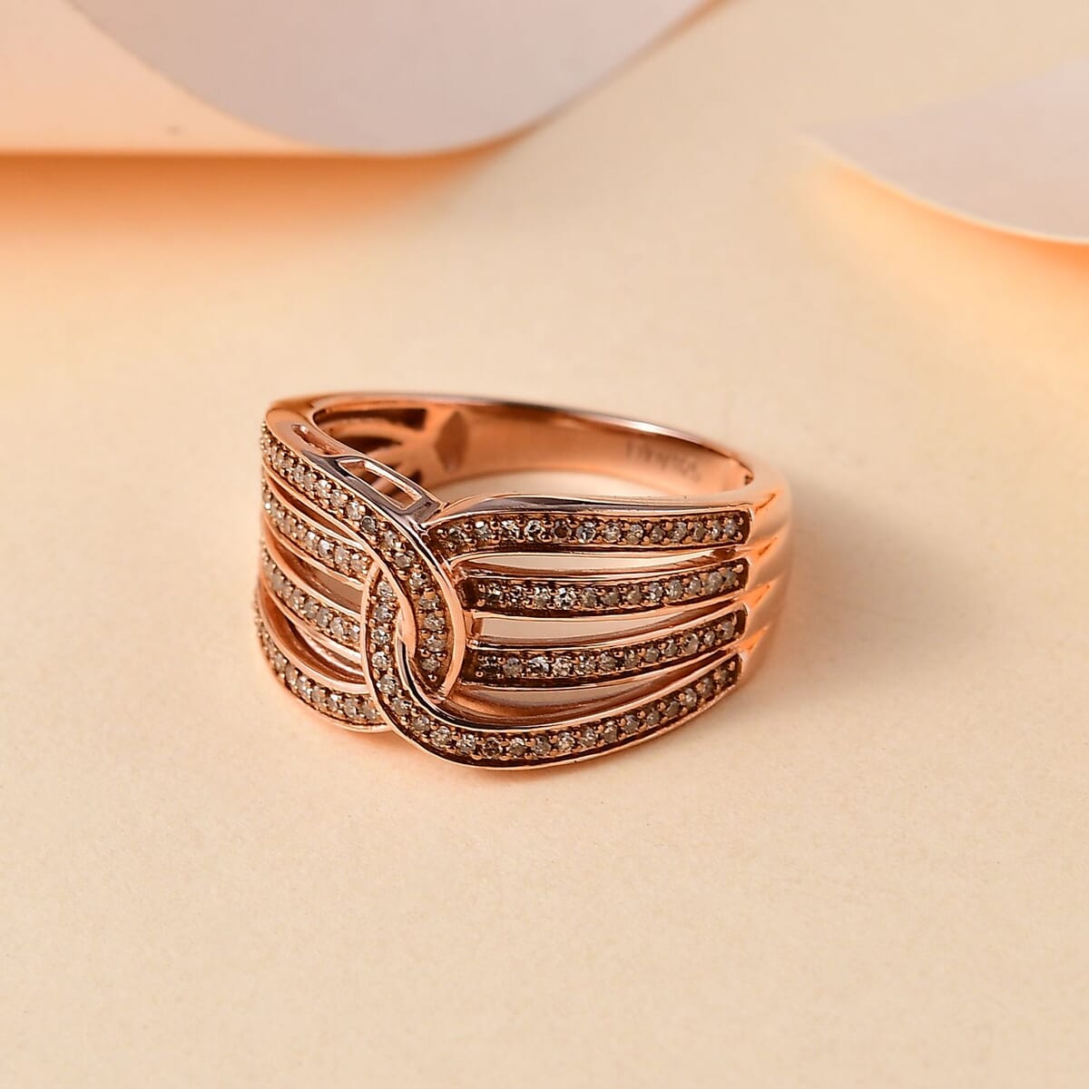 Natural Champagne Diamond 0.33 ctw Interlocking Ring in 18K Vermeil RG Over Sterling Silver (Size 7.0) image number 1