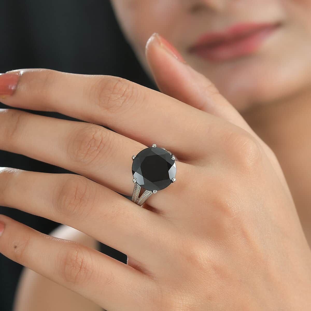 Thai Black Spinel 13.75 ctw Solitaire Ring in Stainless Steel (Size 10.0) image number 2