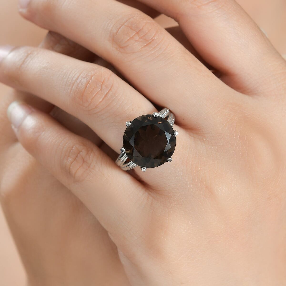 Brazilian Smoky Quartz 12.10 ctw Solitaire Ring in Stainless Steel (Size 7.0) image number 2