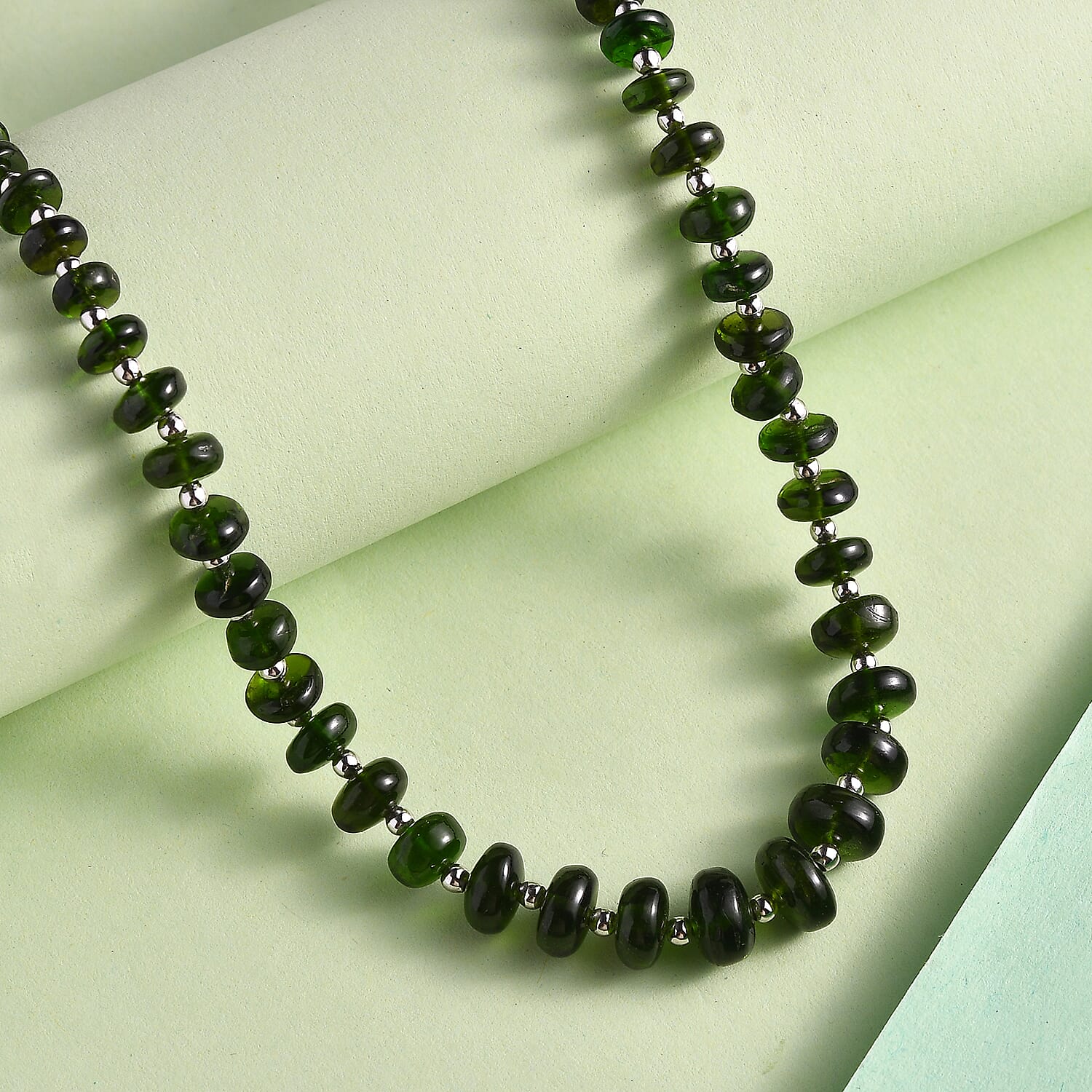 Chrome Diopside Beaded 54.10 ctw Necklace 18 Inches in Rhodium Over Sterling Silver 