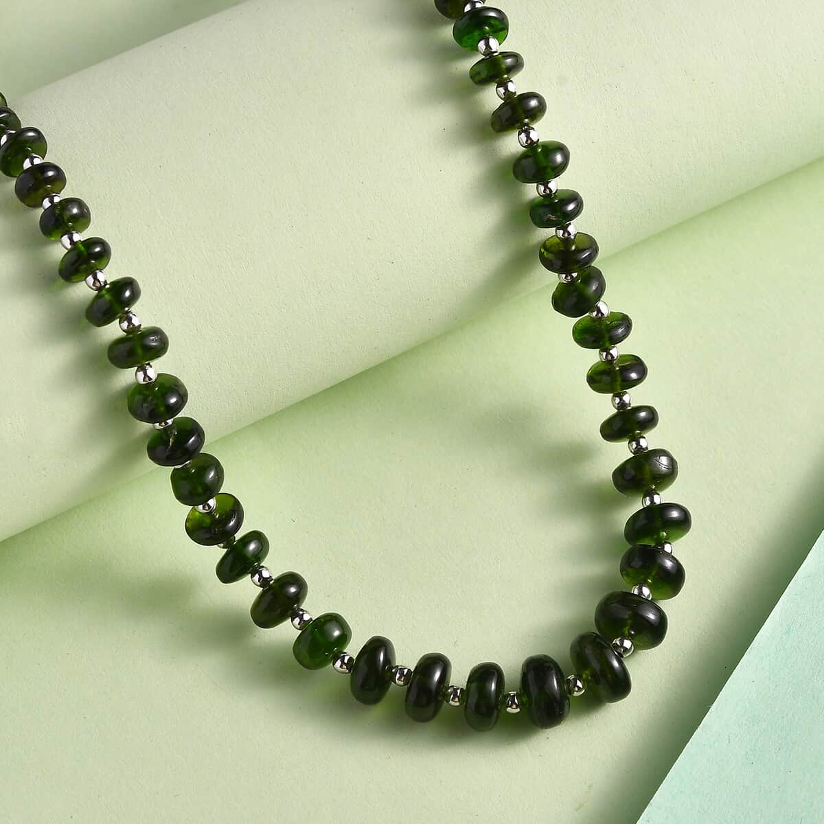 Chrome Diopside Beaded 54.10 ctw Necklace 18 Inches in Rhodium Over Sterling Silver  image number 1