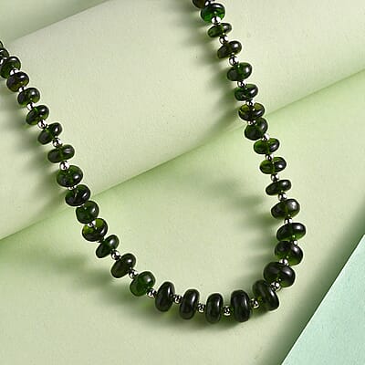 Chrome Diopside Beaded 54.10 ctw Necklace 18 Inches in Rhodium Over Sterling Silver 