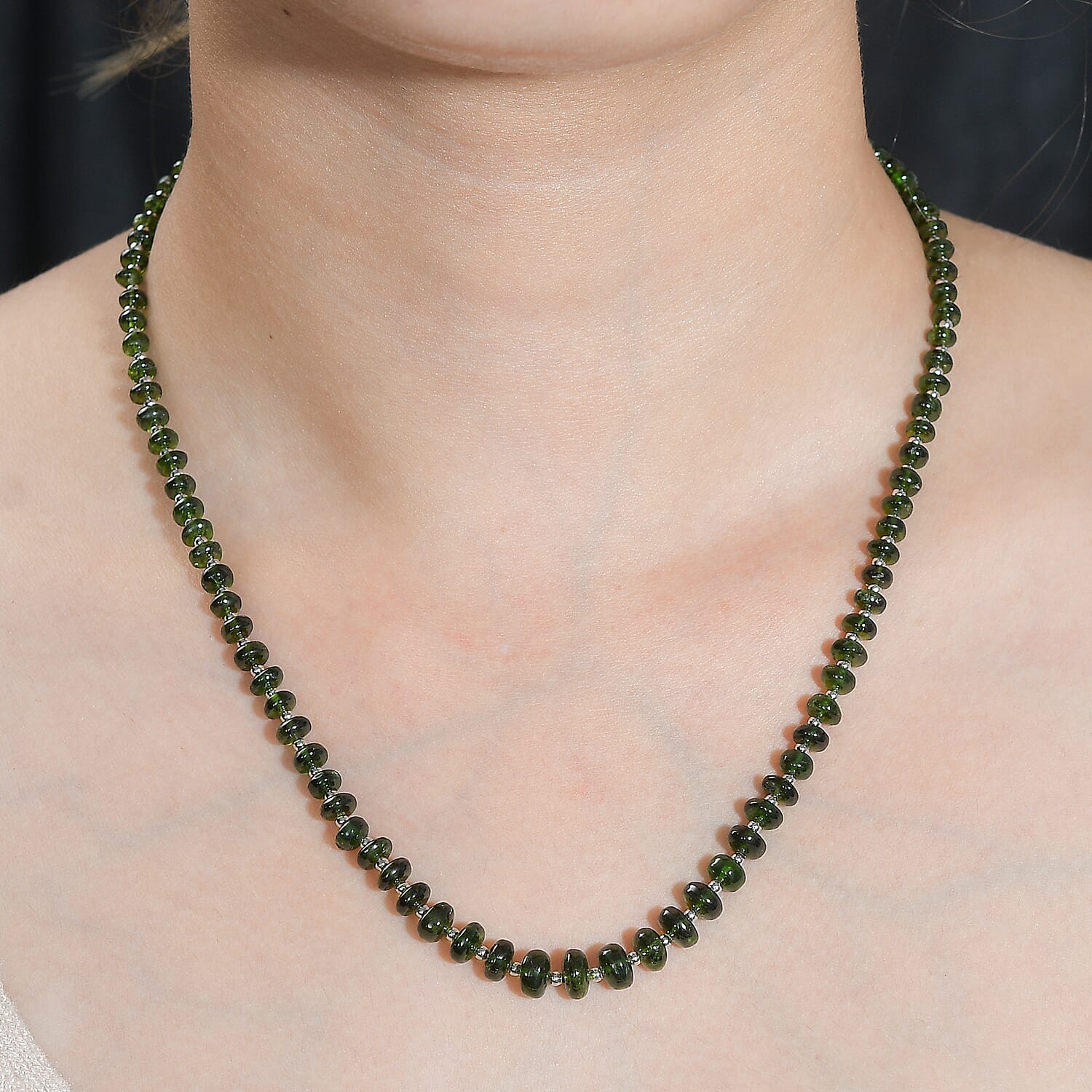 Chrome Diopside Beaded 54.10 ctw Necklace 18 Inches in Rhodium Over Sterling Silver 
